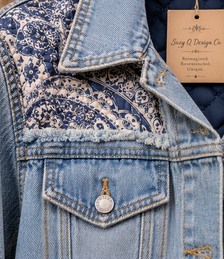 Blue Willow Reworked Quilt Denim Jacket | Suzy Q Design Co
