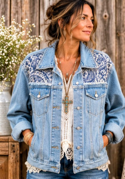 Blue Willow Reworked Quilt Denim Jacket | Suzy Q Design Co